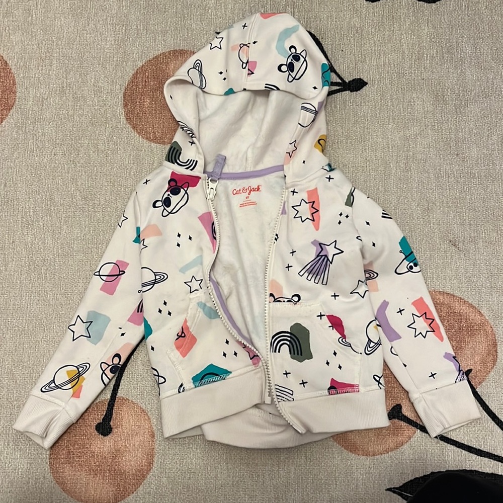 White toddler colorful space print zip up hoodie